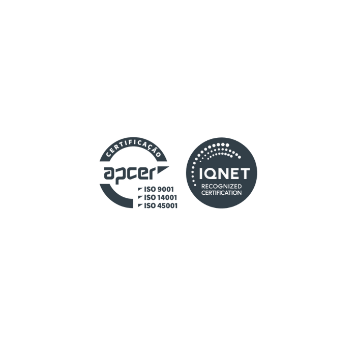 Two circular certification seals: a left round 'Acer' style mark, and a right IQNET certification seal.